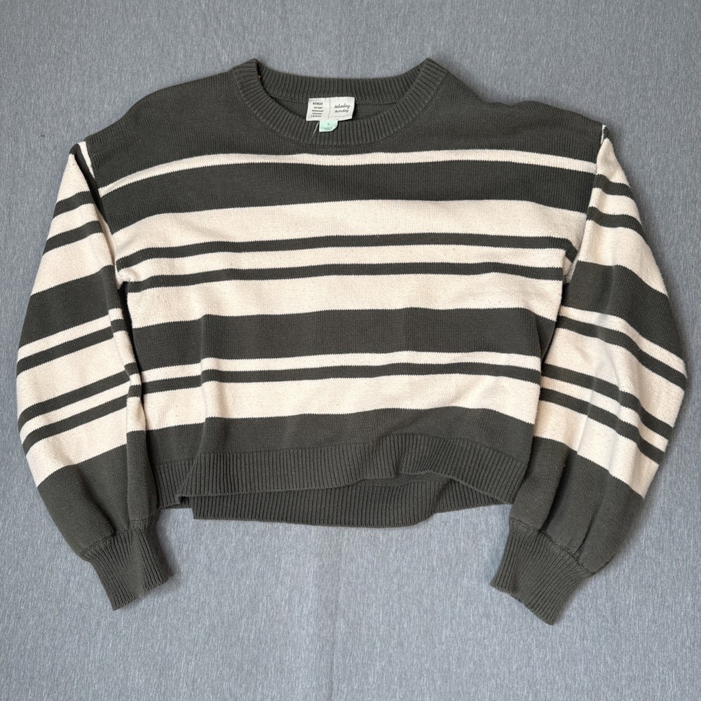 Anthropologie Saturday Sunday Striped Crewneck Sweater Olive Green Cream Medium
